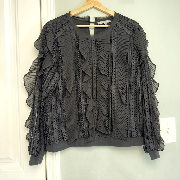 Anthropologie Daniel Rainn Black Lace Pleated Ruffle Blouse Size L - Picture 9 of 12